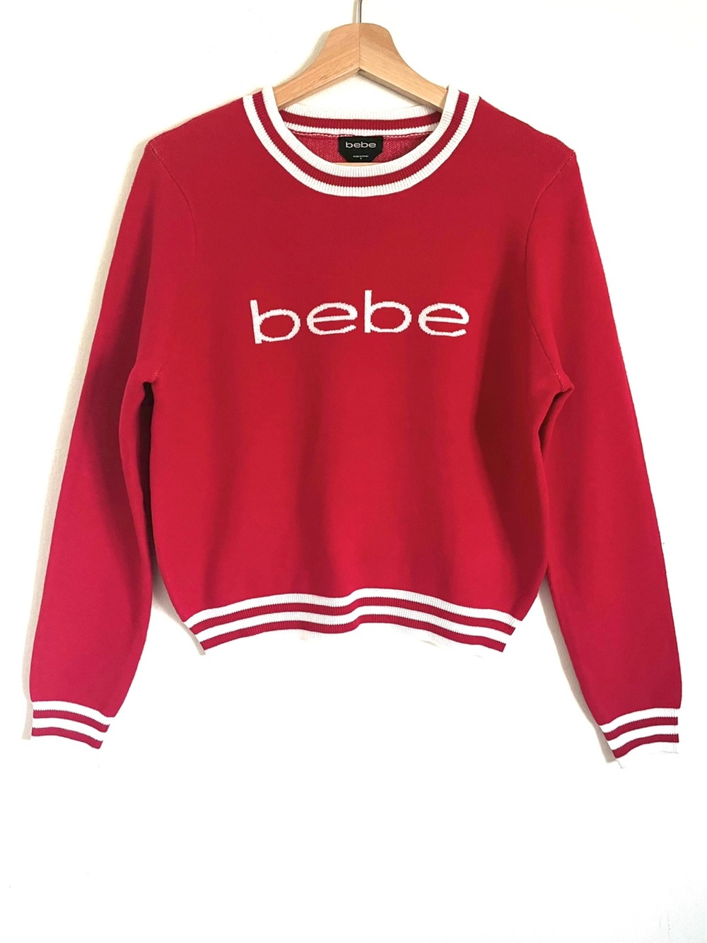 Bebe Red Logo Knit Crew Neck Sweater With Contrast White Stripes Size M EUC